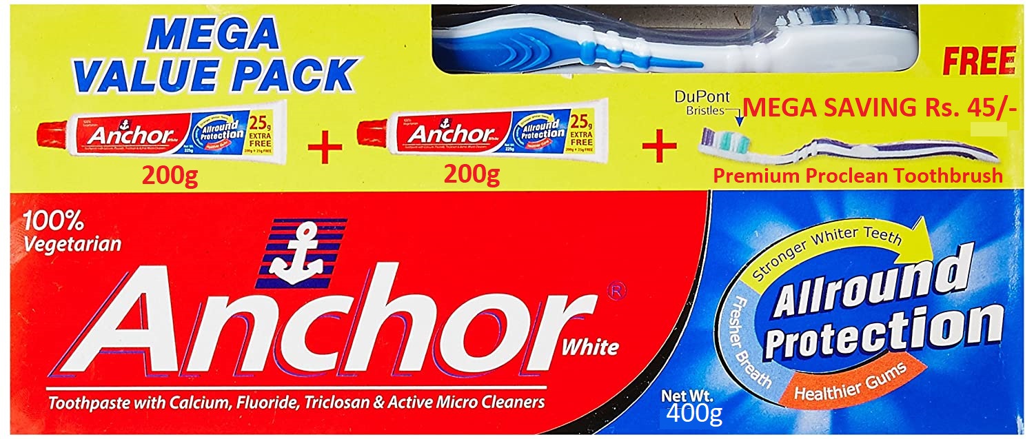 Anchor White Tooth Paste, 200g (Pack of 2) and  Tooth Brush