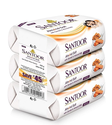 Santoor Sandal & Almond Milk Soap, 150g (Pack of 3) for Moisturised Soft Skin