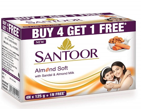 Santoor Sandal and Almond Milk Soap (Buy 4 Get 1 Free 125g each)