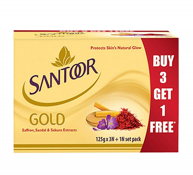 Santoor Gold Soap with Saffron, Sandal & Sakura Extracts, 125g (Buy 3 Get 1 free)