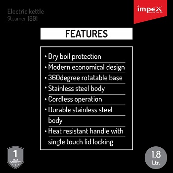 Impex Electric Kettle 1.8L 1500W 1801 Silver/Black