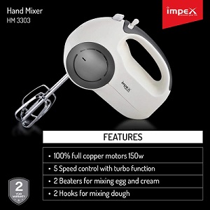 Impex HM-3303 150 Watt 5 Speed Turbo Hand Mixer with 2 Hooks & Beaters (Black)