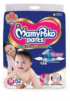 MamyPoko Pants Extra Absorb Baby Diaper, Medium (7 - 12 kg), 52 Count