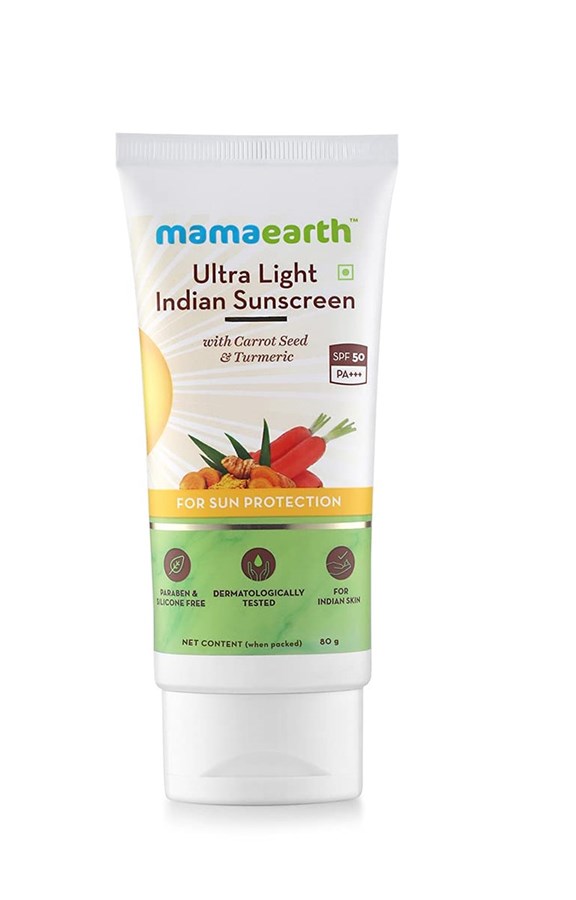 Mamaearth's Ultra Light Indian Sunscreen with Carrot Seed, Turmeric and SPF 50 PA+++ - 80ml